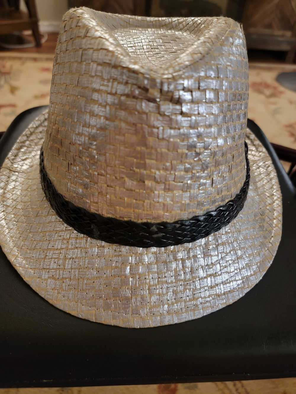 T.J.Maxx Metallic Silver Straw Fedora with Black Braid Womens